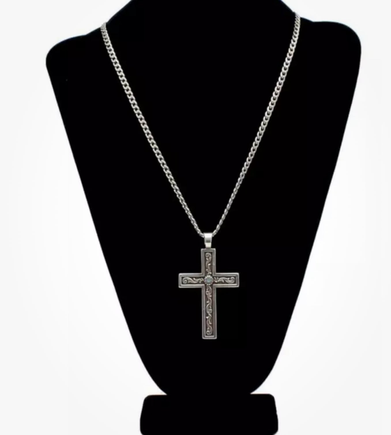 TWISTER 24” CROSS NECKLACE WITH AQUA STONE