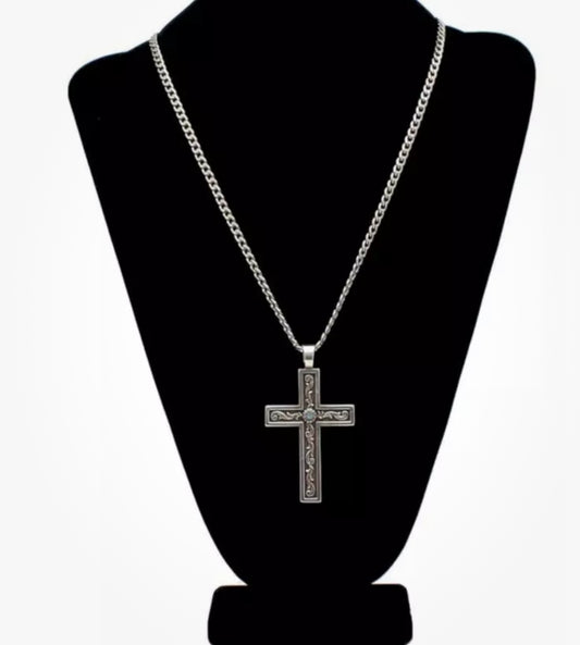 TWISTER 24” CROSS NECKLACE WITH AQUA STONE