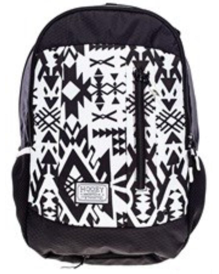 HOOEY ROCKSTAR BACKPACK-BLACK/WHITE PUEBLA STONE AZTEC PATTERN FRONT PANEL WITH BLACK ACCENTS