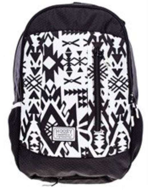 HOOEY ROCKSTAR BACKPACK-BLACK/WHITE PUEBLA STONE AZTEC PATTERN FRONT PANEL WITH BLACK ACCENTS