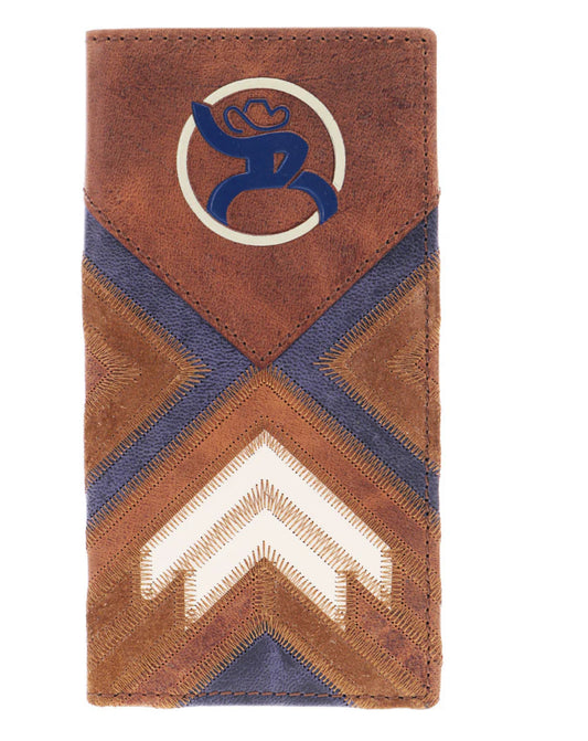 HOOEY KAMALI ROUGHY ROUGHOUT BROWN BLUE AND IVORY PATHWORK WALLET WITH DEBOSSED ROUGHY 2.0 LOGO RODEO WALLET