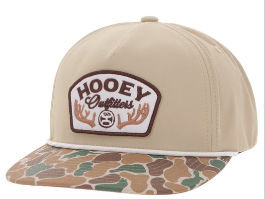 HOOEY OUTFITTERS CAMO BILL 5 PANEL TRUCKER WITH WHITE BROWN PATCH