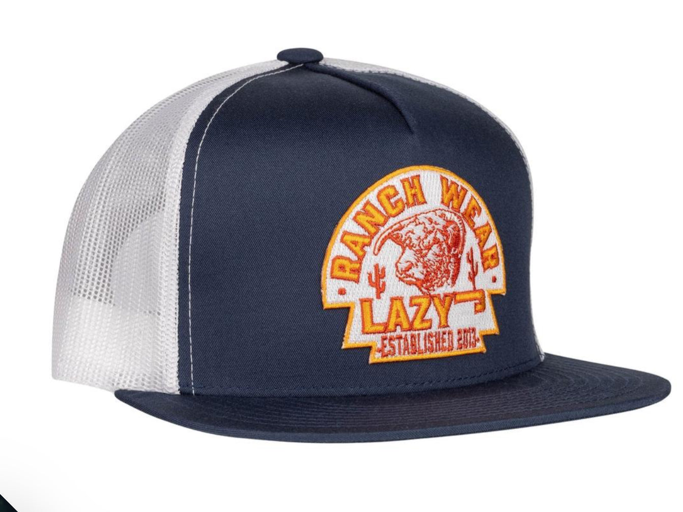LAZY J RANCH NAVY & WHITE RUSTY ARROWHEAD CLASSIC FIVE PANEL TRUCKER HAT