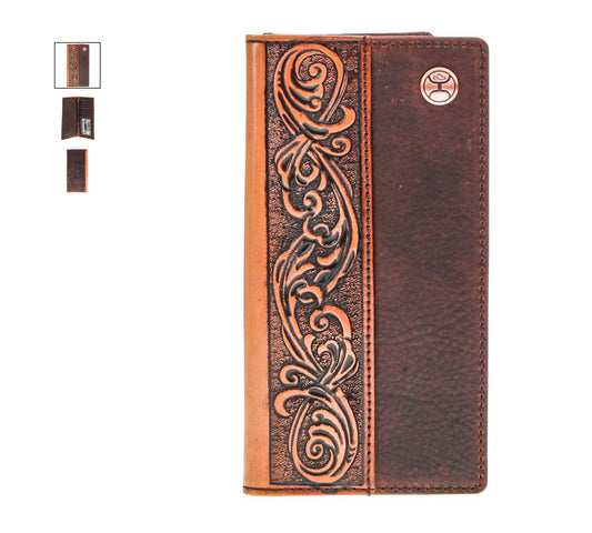 HOOEY GRAYSON BROWN DISTRESSED SHRUNKEN GRAIN LEATHER RODEO WALLET WITH HAND TOOLED FILIGREE