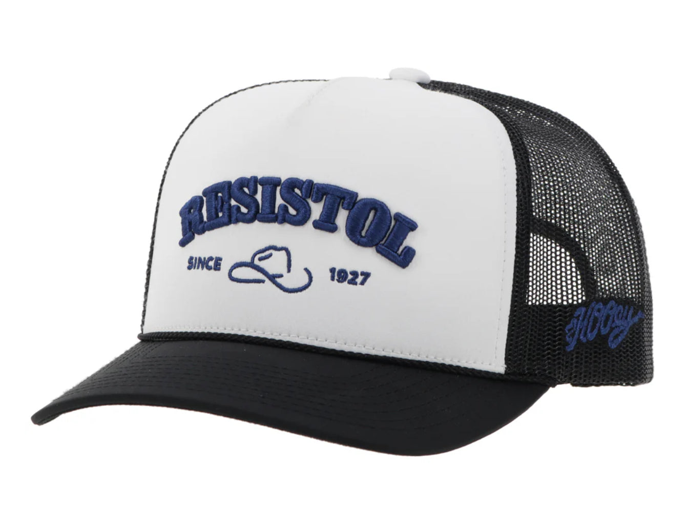 HOOEY RESISTOL WHITE/BLACK 5 PANEL TRUCKER HAT WITH BLUE STITCHING LOGO