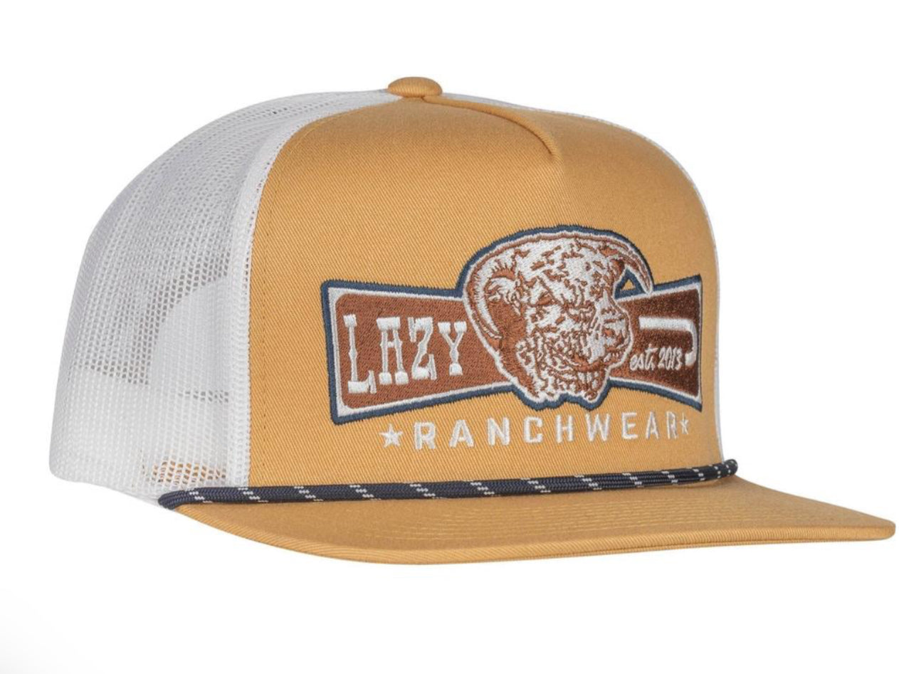 LAZY J RANCH MUSTARD & WHITE DIAMOND BANNER CLASSIC ROPE TRUCKER HAT
