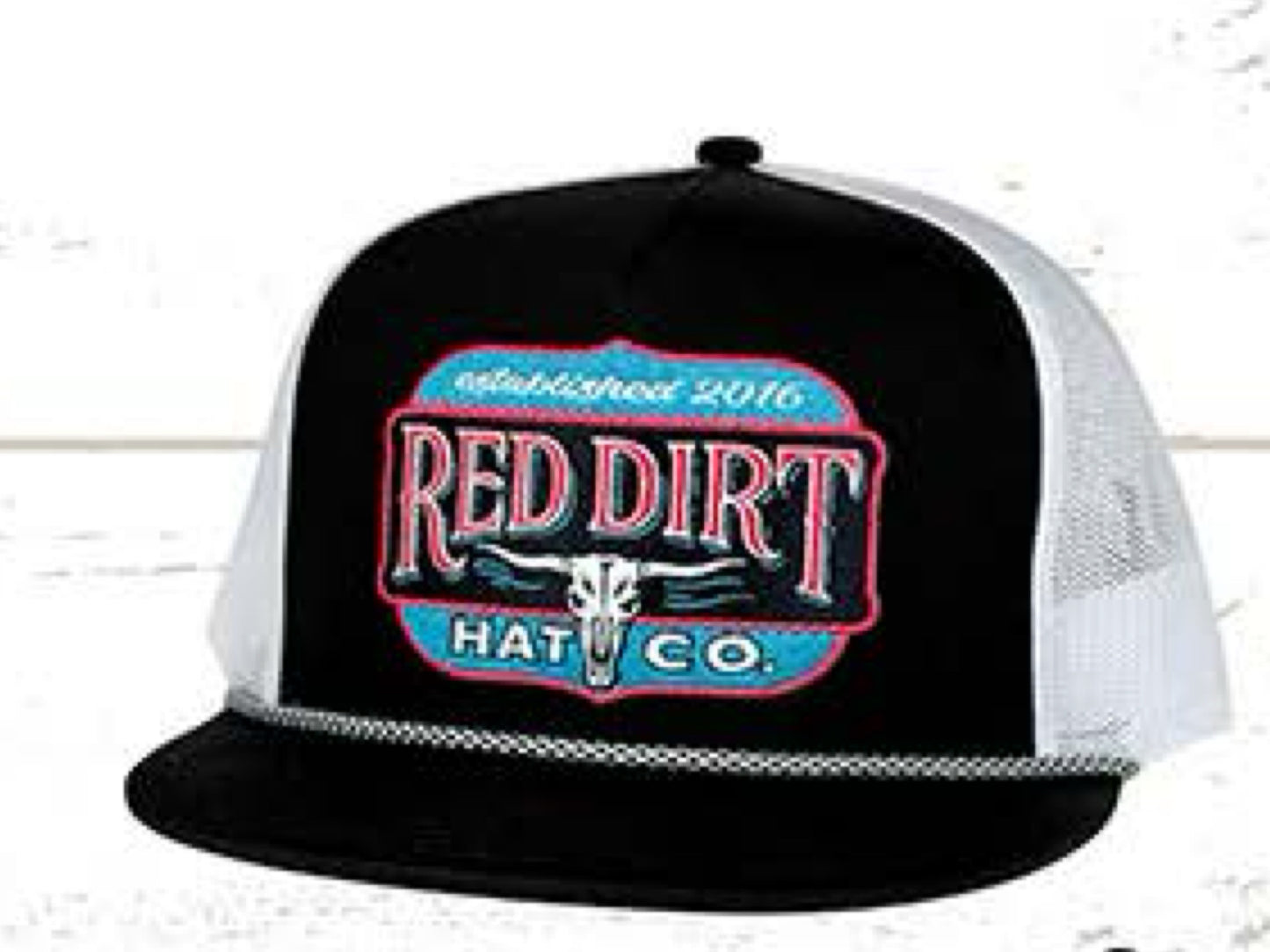 RED DIRT HAT CO SWEET DREAMS-BLACK/WHITE MULTI ROPE FLAT BILL 5 PANEL SNAPBACK HAT