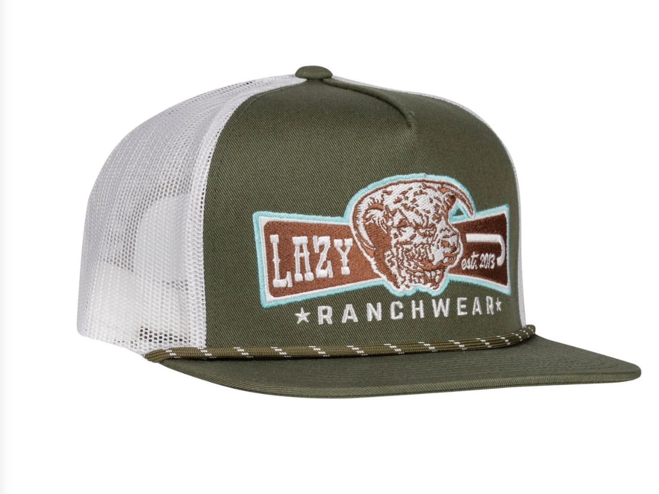LAZY J RANCH OLIVE & WHITE DIAMOND BANNER CLASSIC ROPE TRUCKER HAT