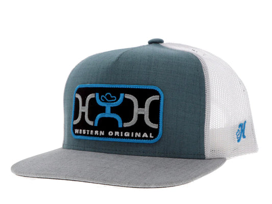 HOOEY LOOP TEAL/WHITE 5 PANEL TRUCKER WITH BLUE/GREY/BLACK RECTANGLE PATCH YOUTH