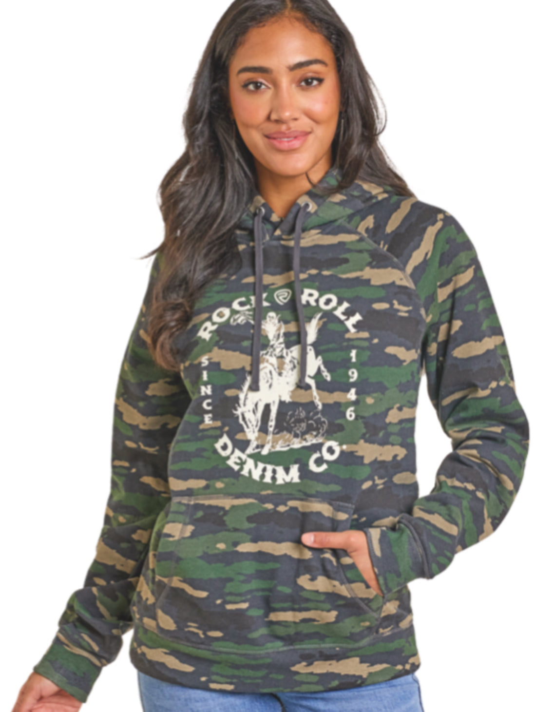 ROCK & ROLL DENIM CAMO COWBOY GRAPHIC HOODIE