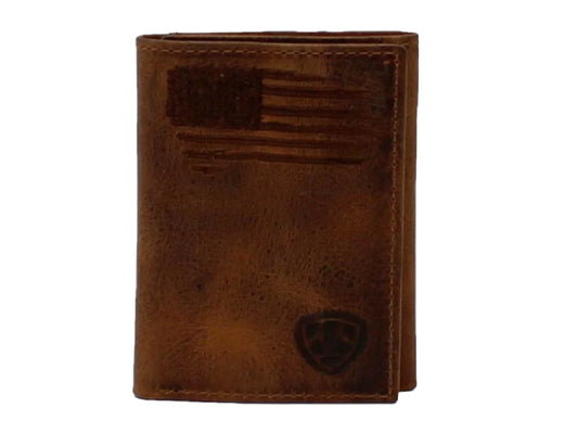 ARIAT MENS TRIFOLD DISTRESSED STITCHED USA FLAG AND SHIELD WALLET