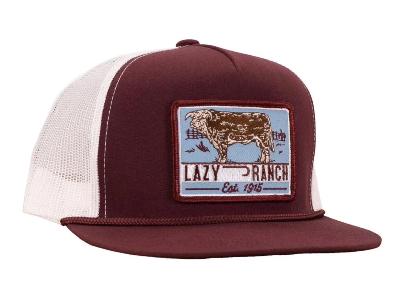 LAZY J RANCH MAROON & WHITE BLUE BULL TRAP PATCH CLASSIC FIVE PANEL TRUCKER HAT