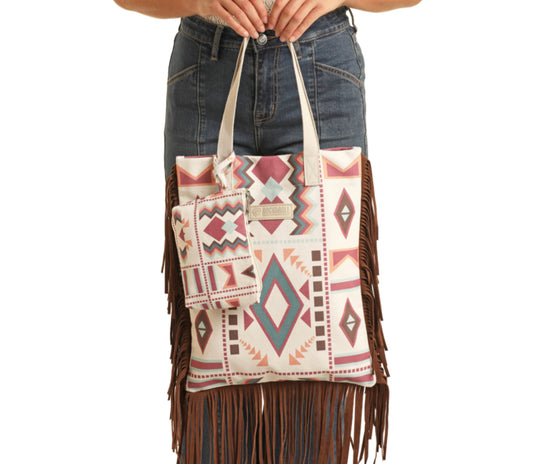 ROCK & ROLL DENIM GEO PRINT BAG WITH FRINGE