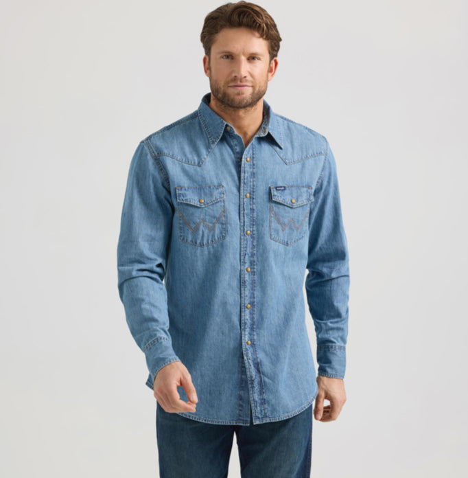 WRANGLER MENS DENIM LONG SLEEVE SHIRT IN VARIOUS WASHES