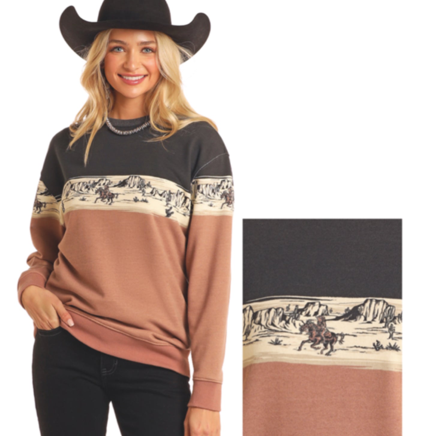 ROCK AND ROLL DENIM SCENERY BORDER SWEATSHIRT