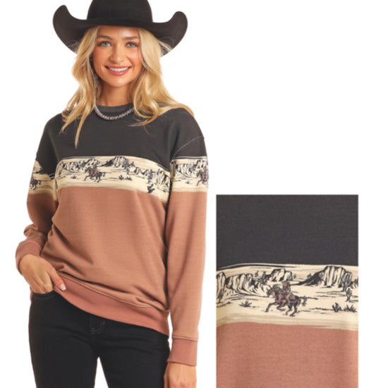 ROCK AND ROLL DENIM SCENERY BORDER SWEATSHIRT