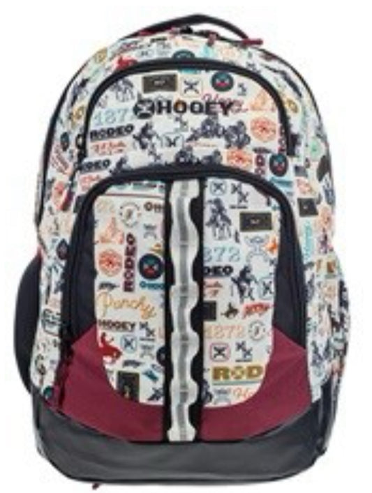HOOEY OX BACKPACK CREAM/RODEO PATTERN BODY AND POCKET WITH BLACK/BURGUNDY ACCENTS