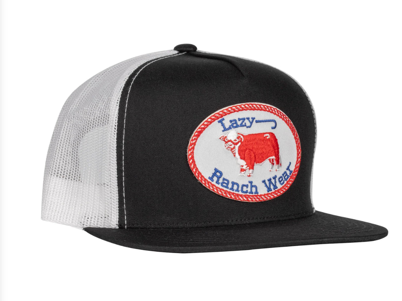 LAZY J RANCH BLACK & WHITE RED WHITE & BLUE ORIGINAL BUCKLE CLASSIC FIVE PANEL TRUCKER HAT