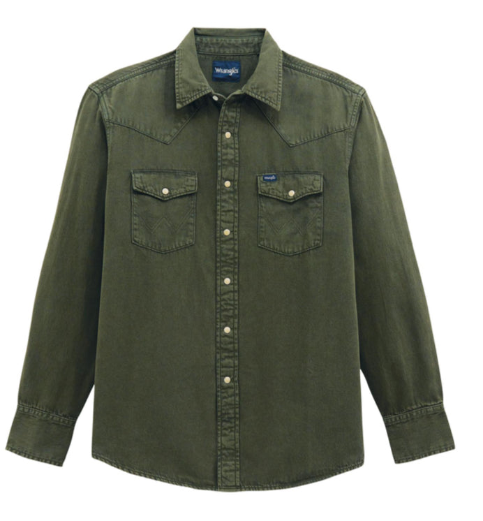 WRANGLER MENS DENIM LONG SLEEVE SHIRT -OLIVE