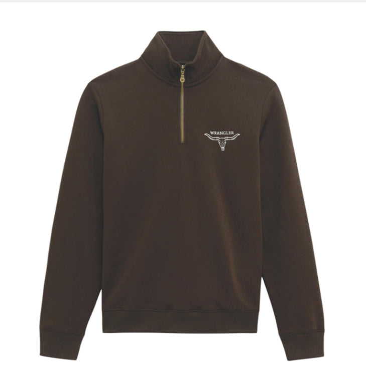 WRANGLER MENS 1/4 ZIP LOGO FLEECE PULLOVER-CHOCOLATE TORTE