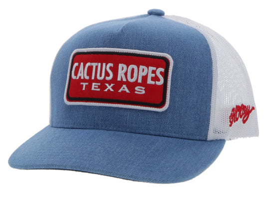 HOOEY CACTUS ROPES CR92 DENIM/WHITE 5 PANEL TRUCKER WITH RED/BLACK/WHITE RECTANGLE PATCH