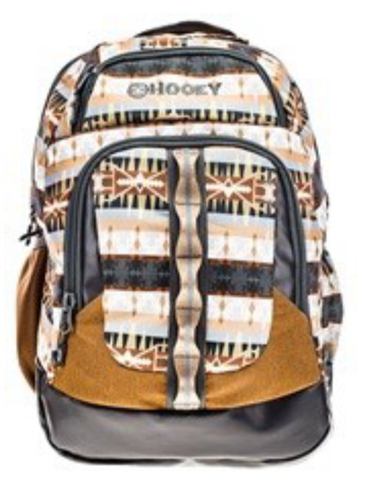 HOOEY OX BACKPACK-TAN/CHARCOAL WITH AZTEC PATTERN ACCENTS
