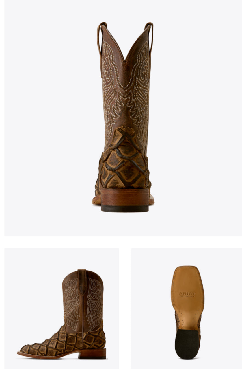 ARIAT MENS RIVERSIDE WIDE SQUARE TOE TAN BASS PRINT COWBOY BOOT