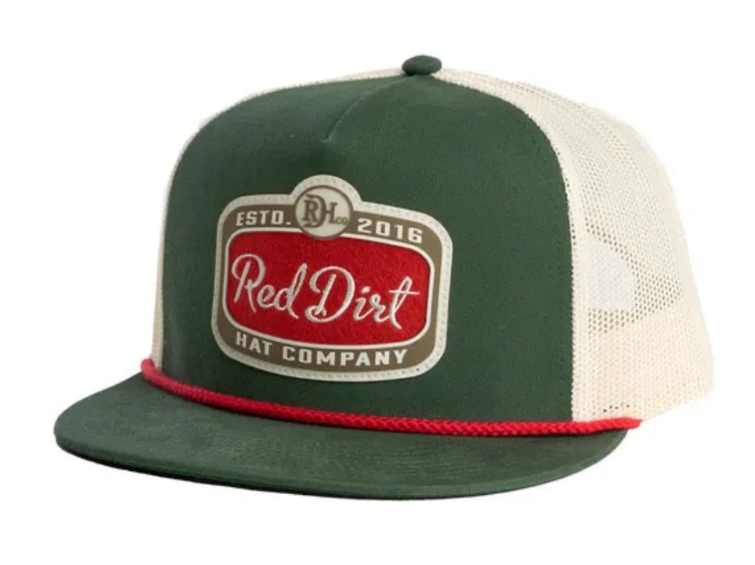 RED DIRT HAT CO GITTY UP-D.GREEN/KHAKI-RED ROPE 5 PANEL HAT