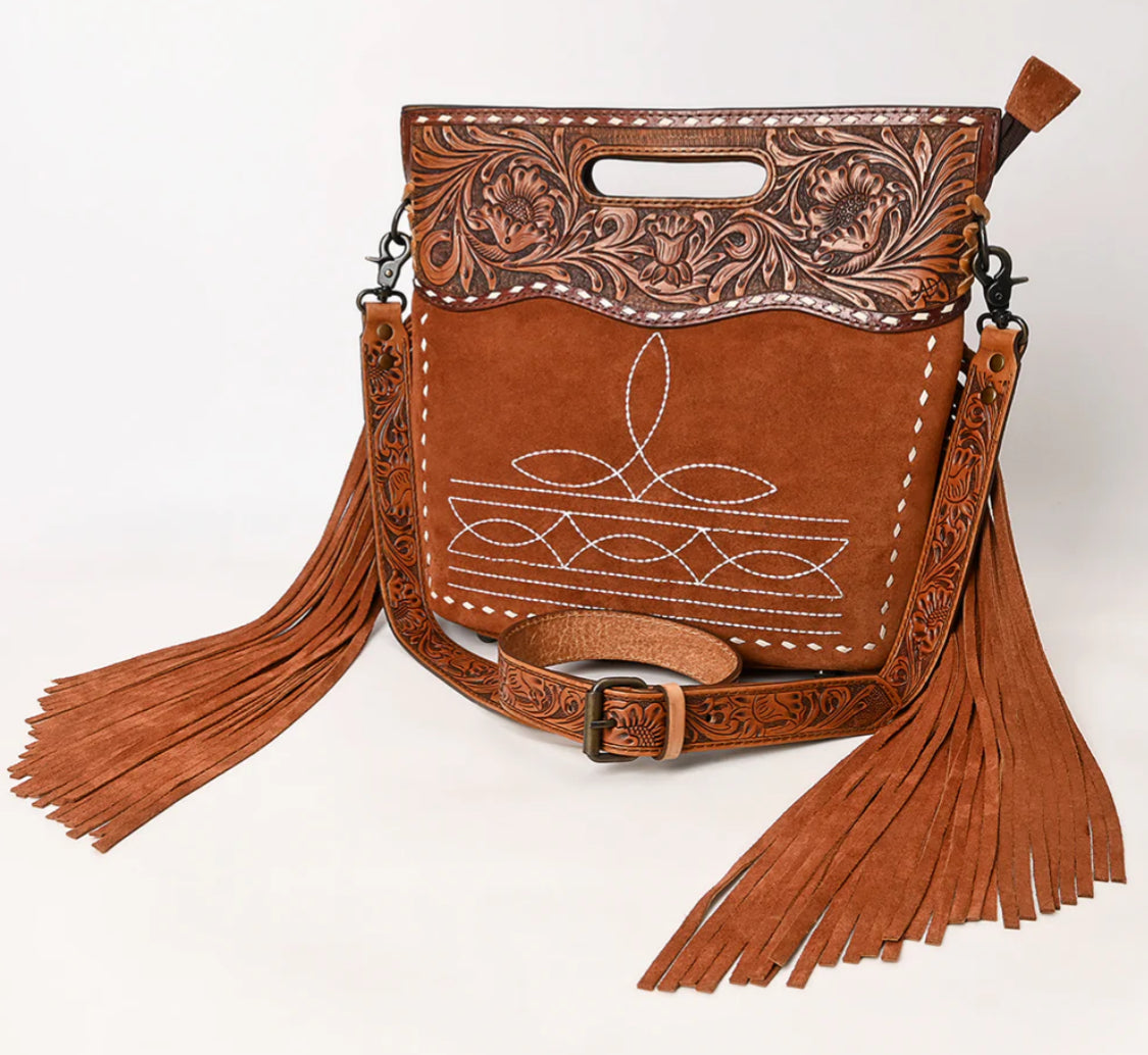 AMERICAN DARLING WESTERN STITCH SUEDE AND TOOLED LEATHER FRINGE BAG