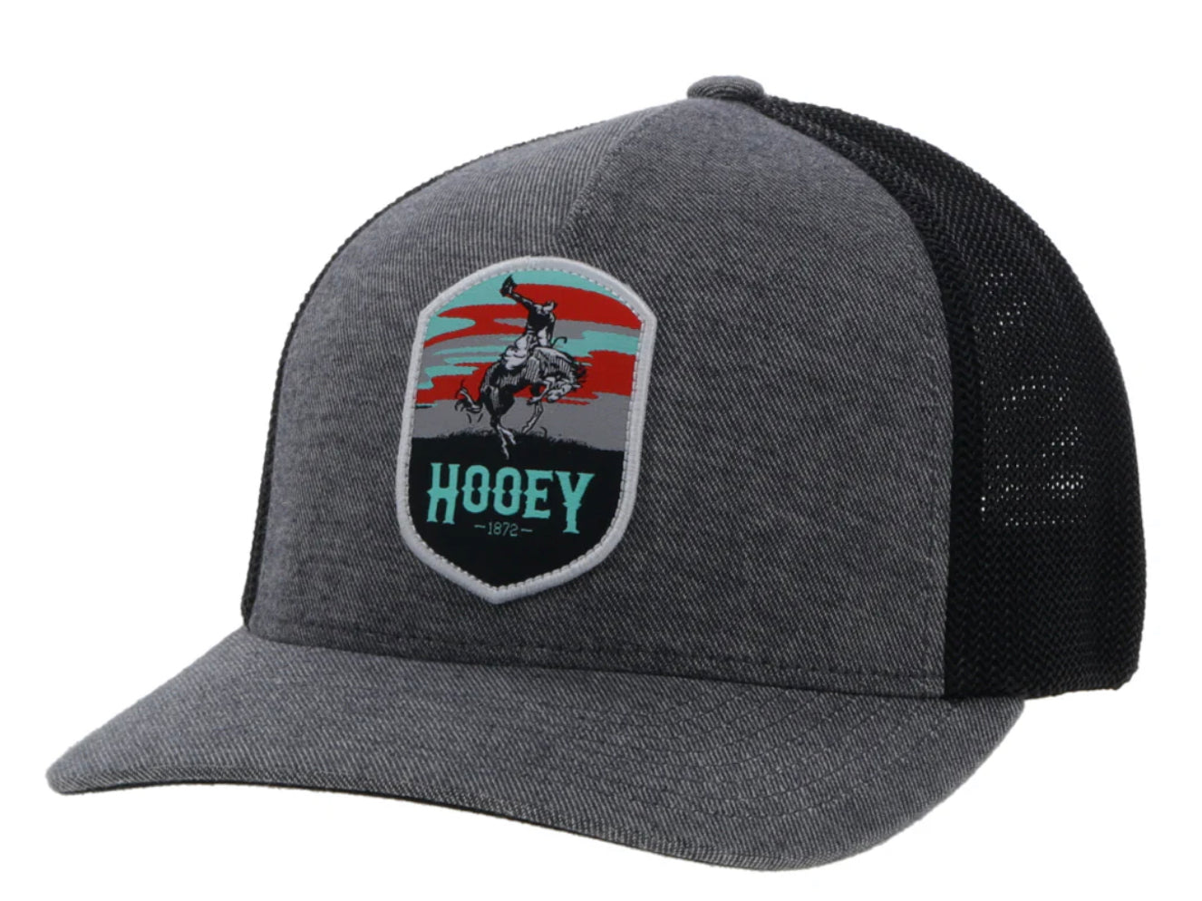 HOOEY CHEYENNE GREY/BLACK 5 PANEL FLEXFIT WITH BLACK/GREY/TEAL/ORANGE PATCH
