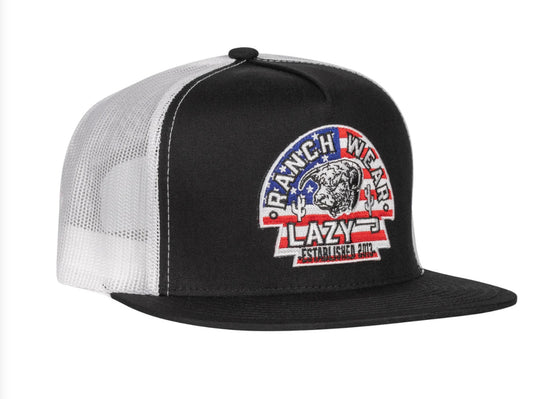 LAZY J RANCH BLACK & WHITE USA ARROWHEAD CLASSIC FIVE PANEL TRUCKER HAT