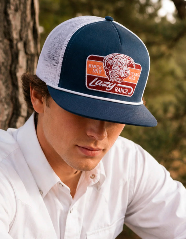 LAZY J RANCH ROYAL BLUE & WHITE TEXAS RUST CLASSIC ROPE TRUCKER HAT