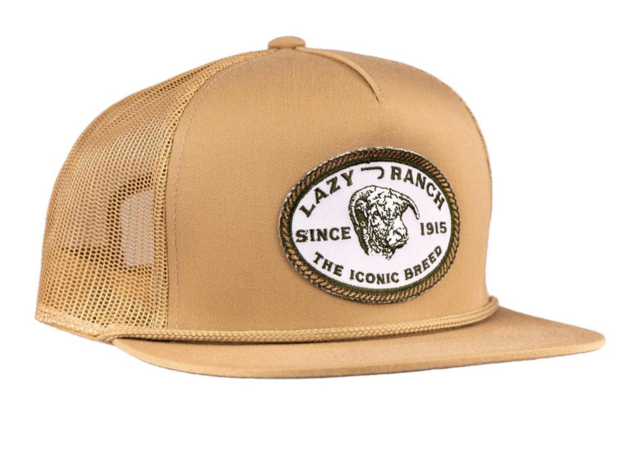LAZY J RANCH TAN OLIVE ICONIC BREED PATCH CLASSIC ROPE TRUCKER HAT