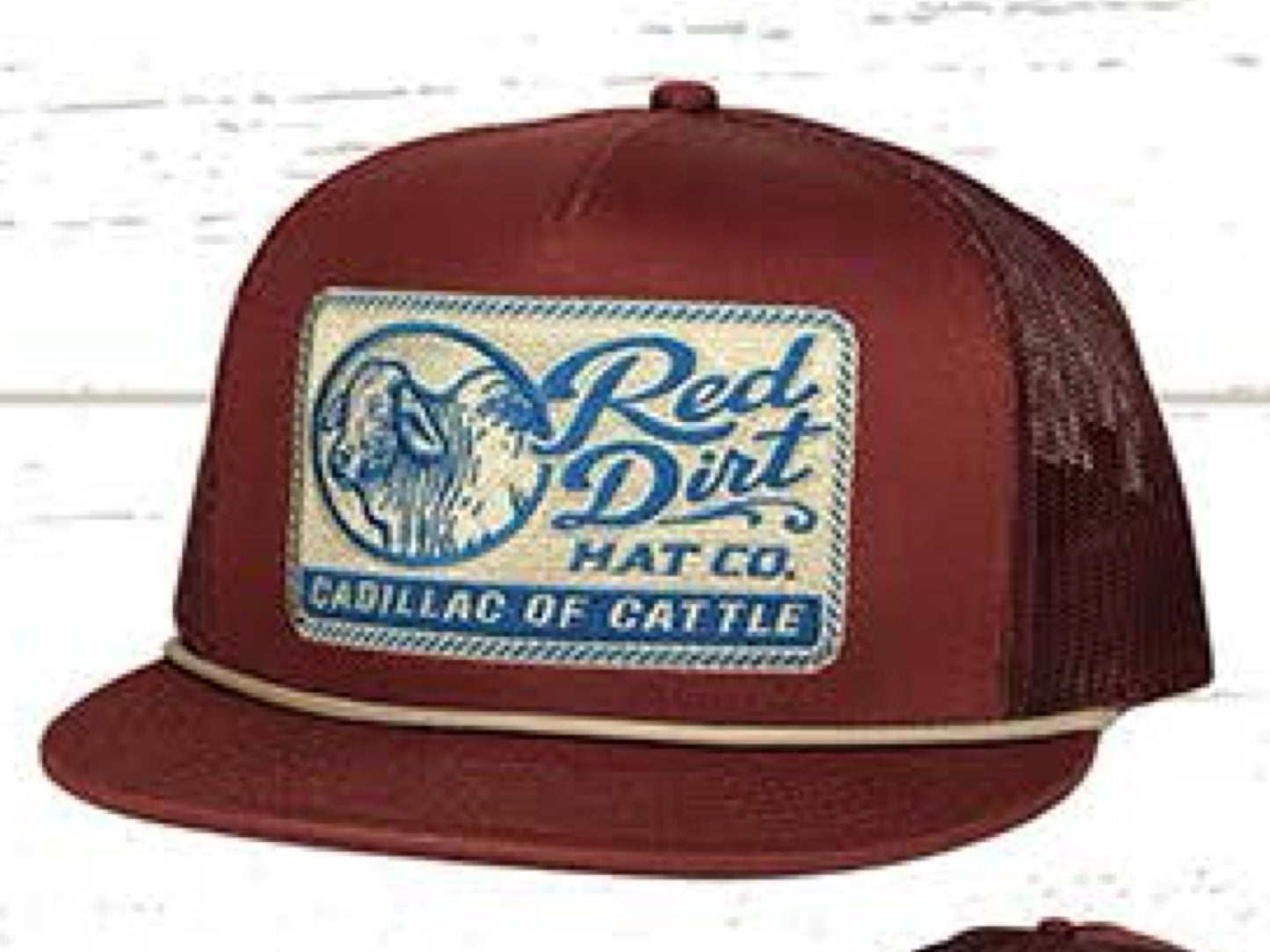 RED DIRT HAT CO WHERE’S THE BEEF-BURGUNDY/BURGUNDY TAN ROPE TAN ROPE FLAT BILL 5 PANEL HAT