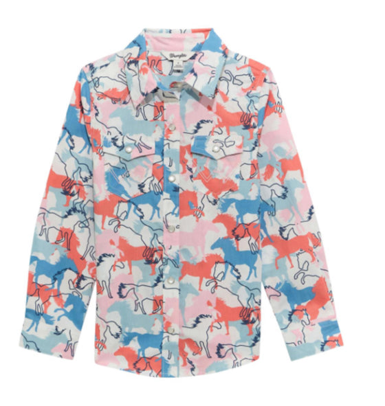 WRANGLER GIRLS WESTERN HORSE PRINT SNAP SHIRT