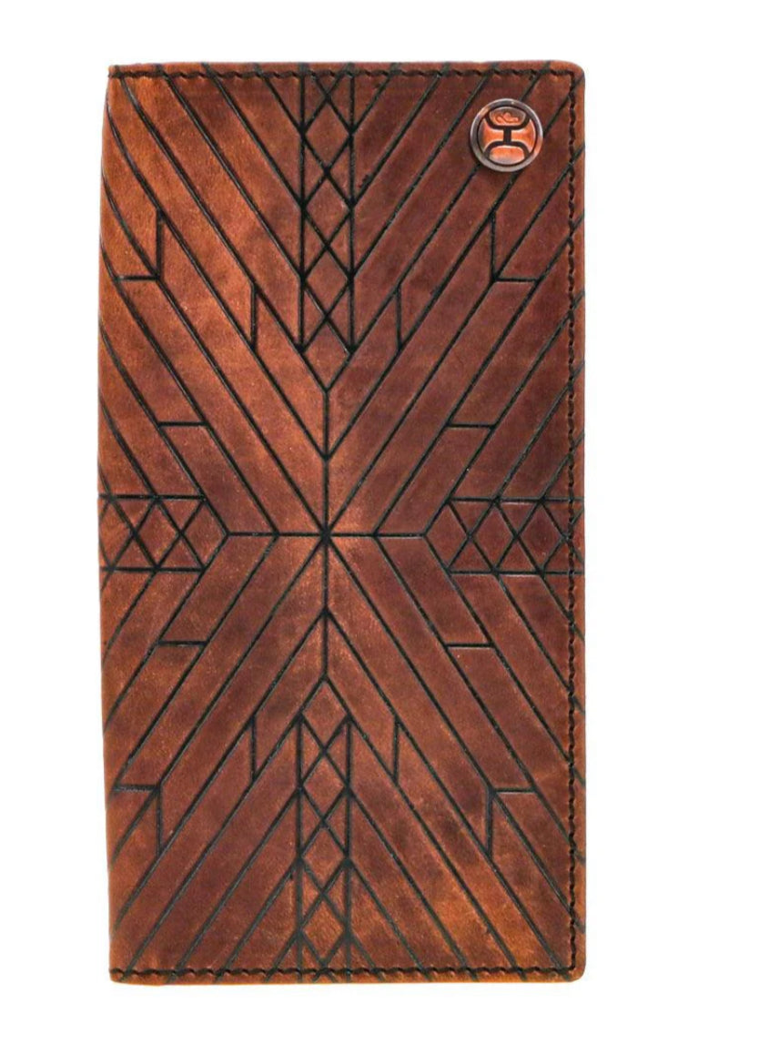 HOOEY AUSTIN BROWN AZTEC EMBOSSED RODEO WALLET WITH HOOOEY LOGO RIVET