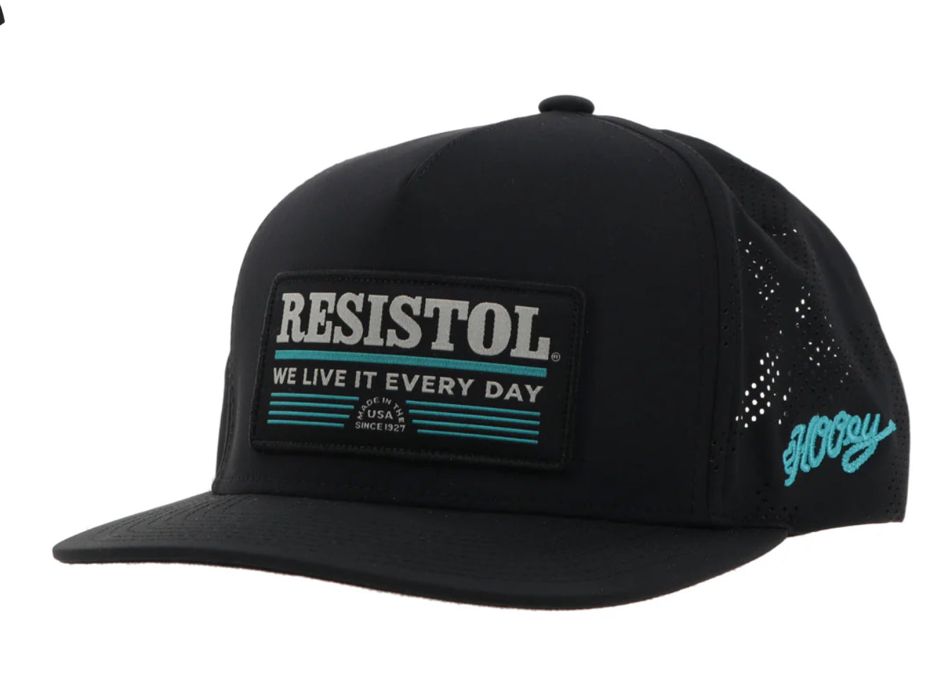 HOOEY RESISTOL BLACK 5 PANEL TRUCKER WITH BLACK/BLUE/GREY RECTANGLE PATCH