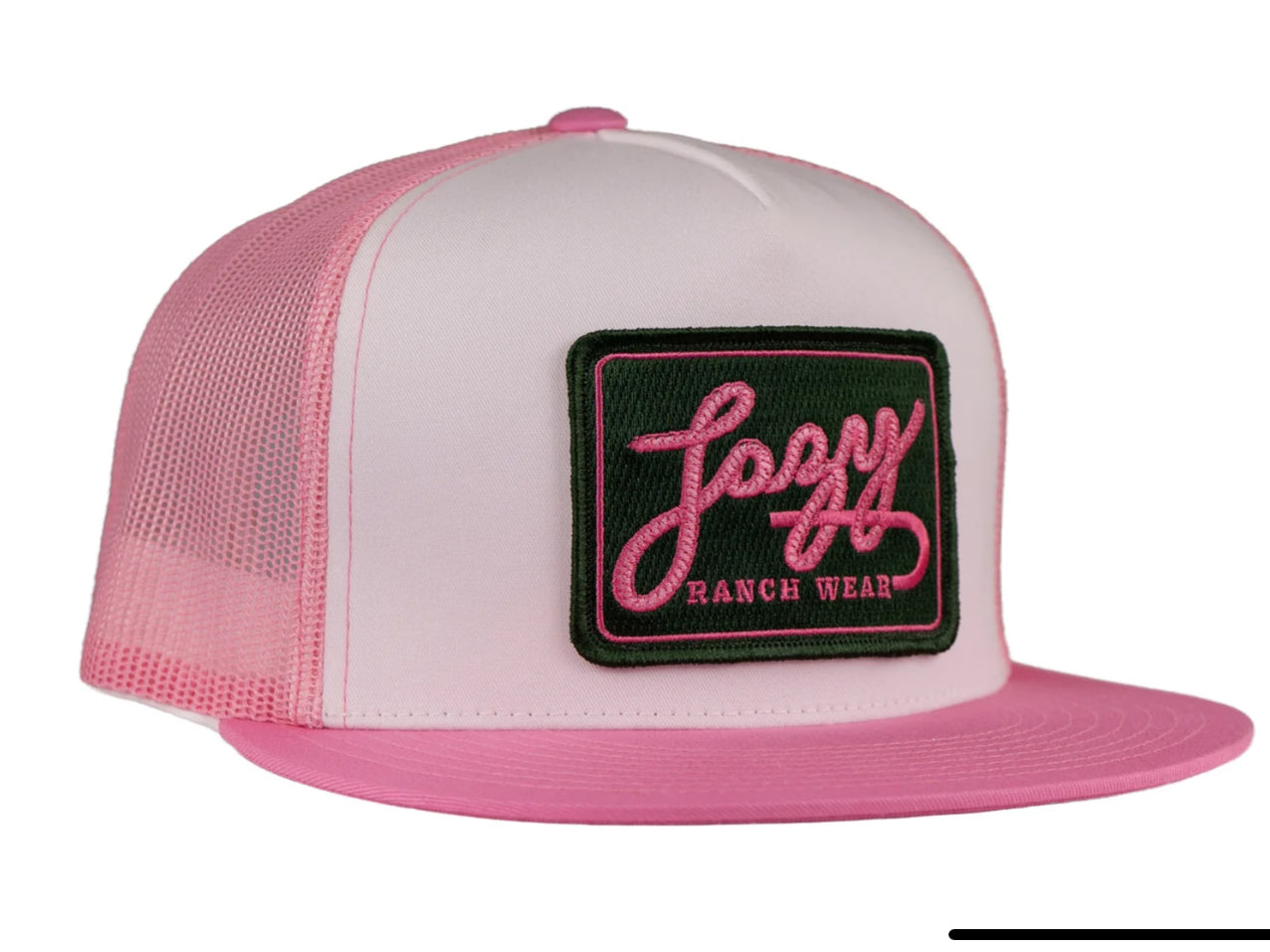 LAZY J RANCH WHITE PINK BREAKAWAY PATCH CLASSIC FIVE PANEL TRUCKER HAT