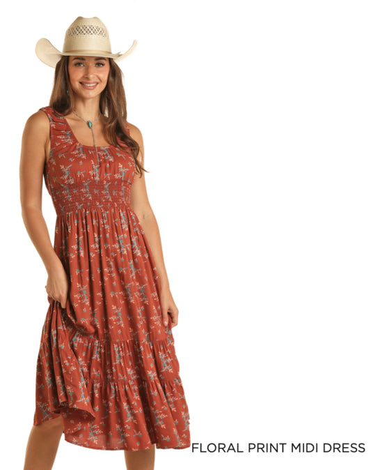 ROCK & ROLL DENIM WOMENS FLORAL MIDI DRESS