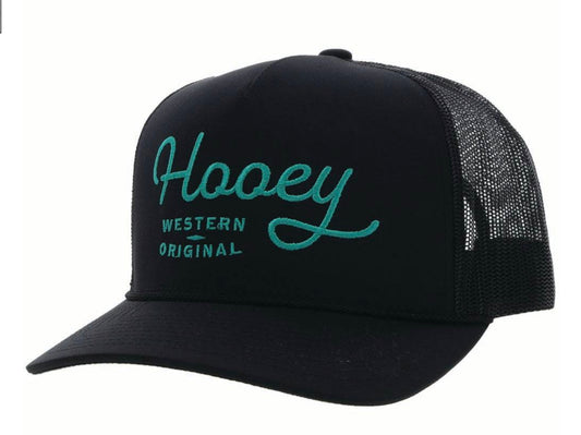 HOOEY OG BLACK 5-PANEL TRUCKER WITH TEAL STITCHING