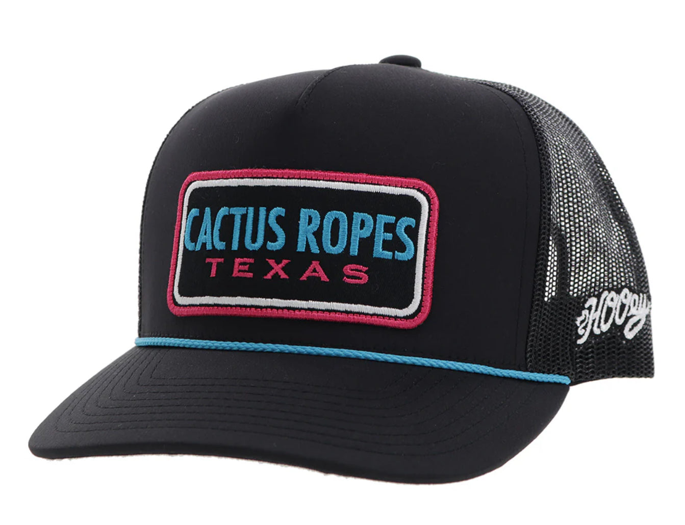 HOOEY CACTUS ROPES BLACK 5 PANEL TRUCKER HAT WITH BLACK/PINK/BLUE RECTANGLE PATCH CR103