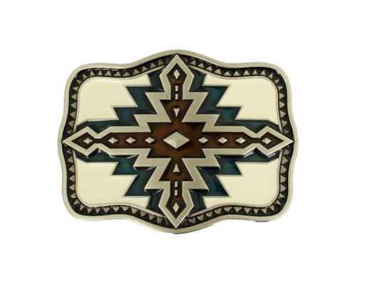 NOCONA RECTANGLE SMOOTH EDGE IVORY/NAVY/BROWN EPOXY WESTERN BELT BUCKLE
