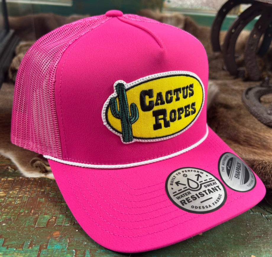 HOOEY CACTUS ROPES PINK 5 PANEL TRUCKER HAT WITH YELLOW/BLACK OVAL PATCH