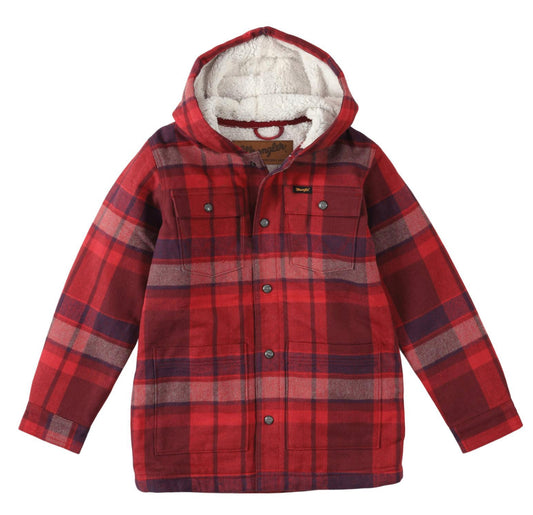 WRANGLER BOYS HOODED FLANNEL SHIRT JACKET-SHERPA LINED