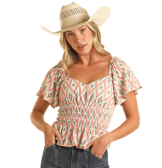 ROCK & ROLL DENIM AZTEC PRINT BLOUSE