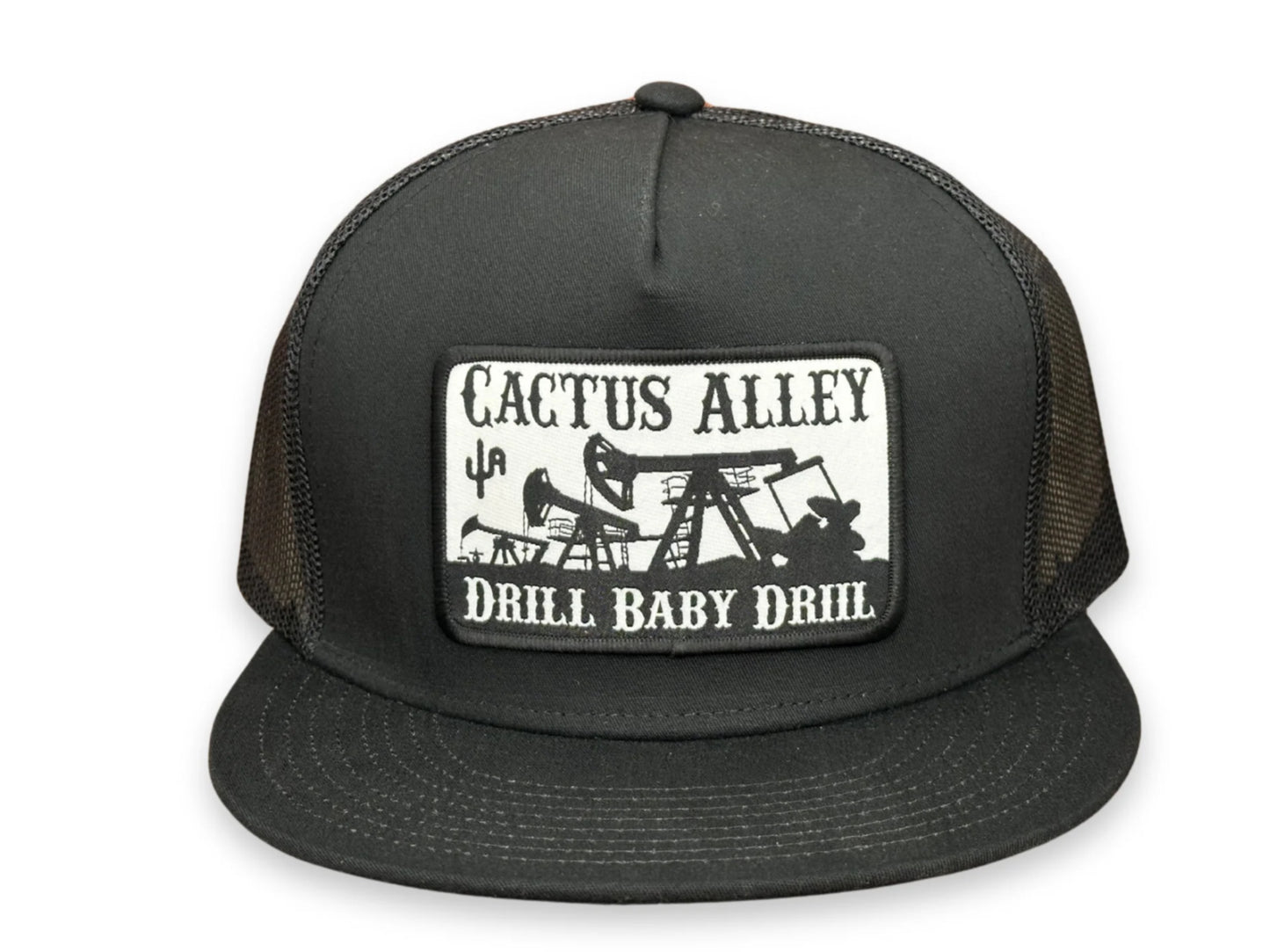 CACTUS ALLEY HAT CO DRILL BABY DRILL 6006 BLACK/BLACK MESH SNAPBACK CAP