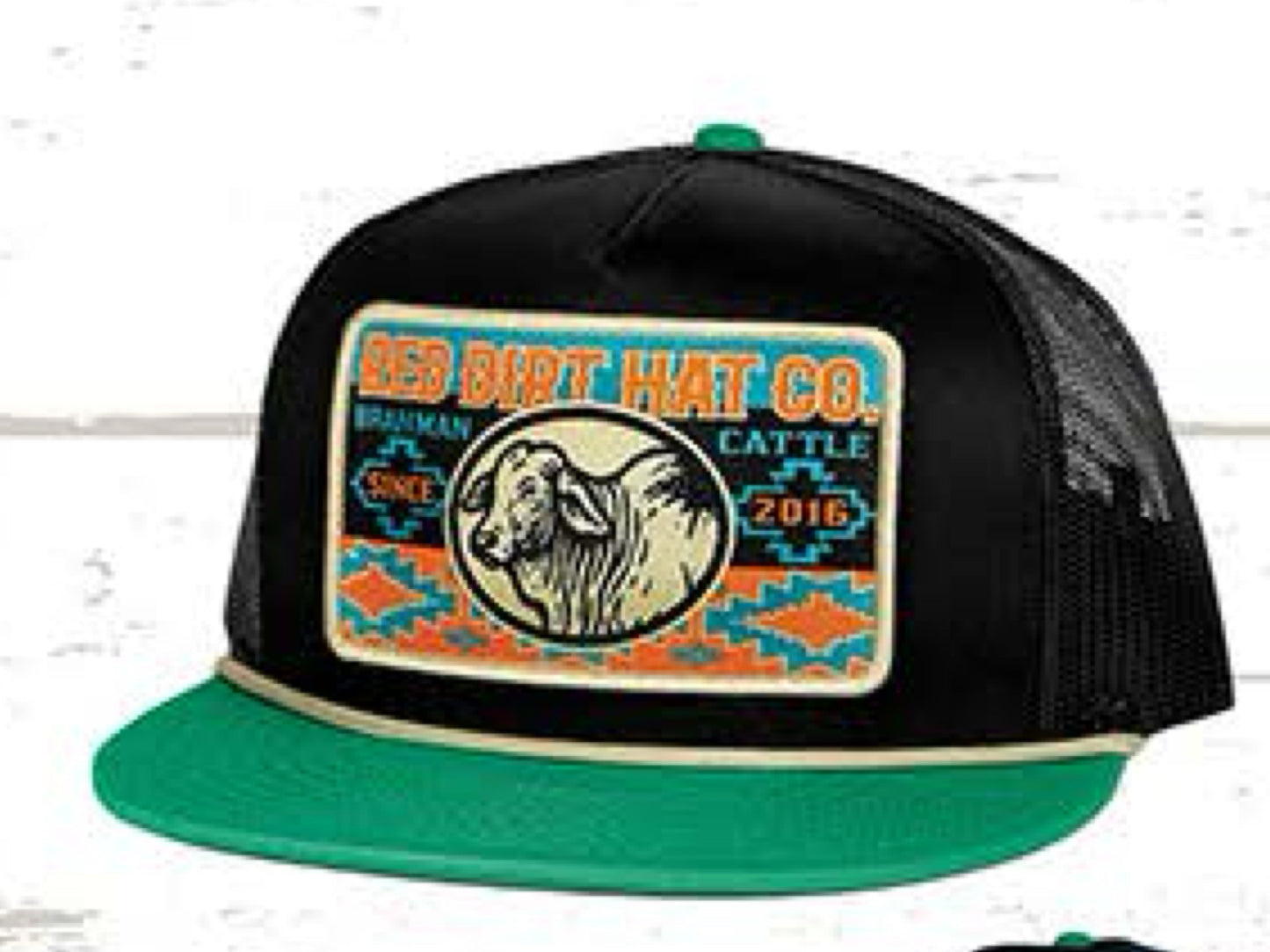 RED DIRT HAT CO DAISY-BLACK/BLACK-TURQUOISE FLAT BILL TAN ROPE 5 PANEL SNAPBACK HAT