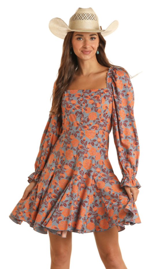 ROCK & ROLL DENIM WOMENS FLORAL BLOUSON SLEEVE DRESS