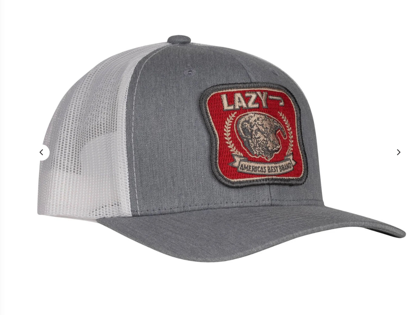 LAZY J RANCH HEATHER GRAY & WHITE RED AMERICA’S BEST BRAND MID PROFILE TRUCKER HAT