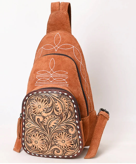 AMERICAN DARLING GENUINE SUEDE AND TOOLED LEATHER SLING BAG